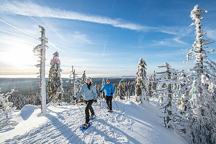 Winterlandschaft mit zwei Schneeschuhwanderern. Verschneite Landschaft und blauer Himmel