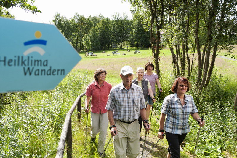 Wanderwegeschild Heilklimaweg im Vordergrund, dahinter eine Gruppe von vier Menschen beim Nordic Walking inmitten einer Wiesenlandschaft